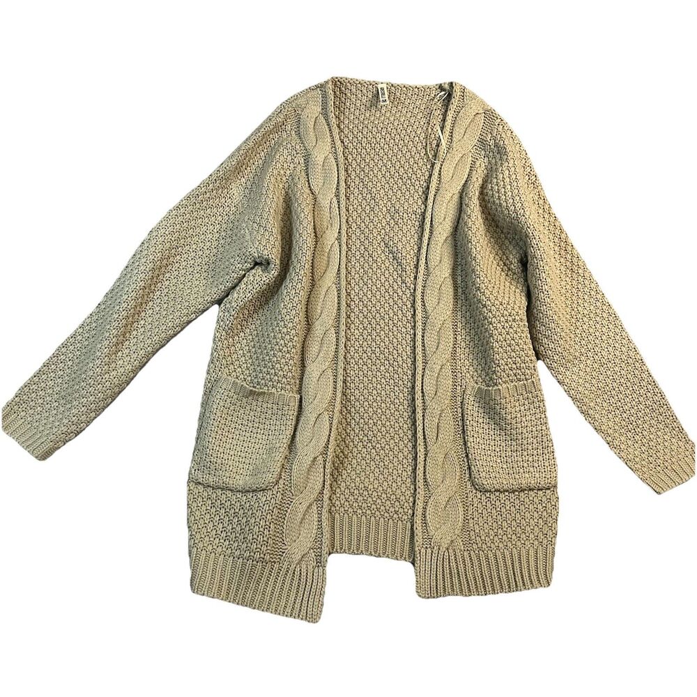 GRECERELLE Cable Knit Cardigan Sweater Pockets Beige Womens Size M Open Front